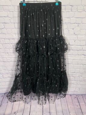 Pink Lily Womens Tiered Maxi Skirt Star Print Sheer Black M Celestial Ethereal